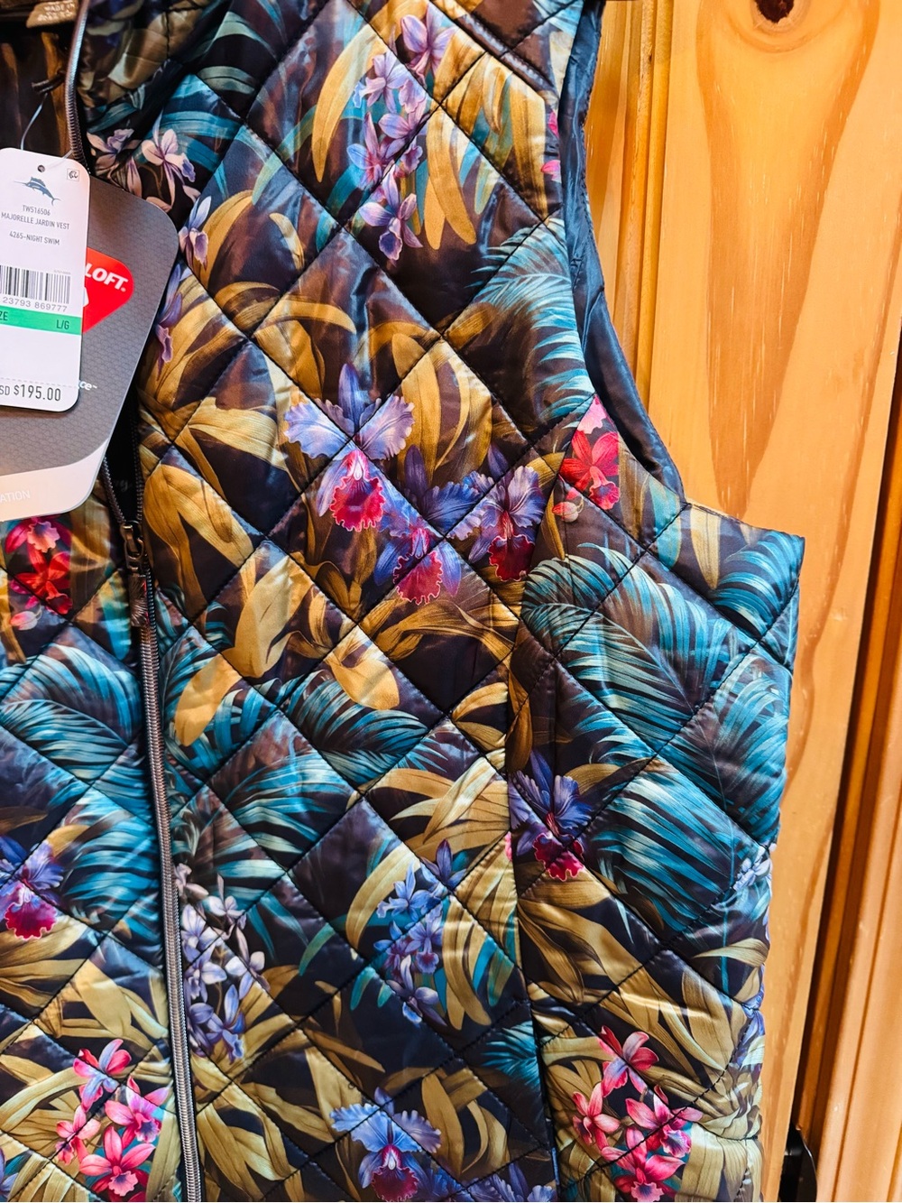 Tommy Bahama Quilted Floral Puffer Vest in Teal, Black & Gold - Picture 3 of 4